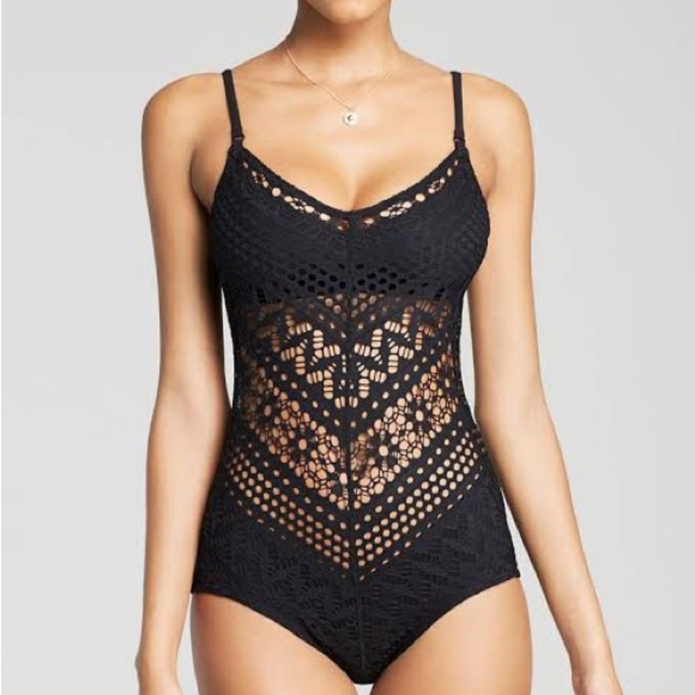 Robin Piccone Black Crochet One-Piece Swimsuit